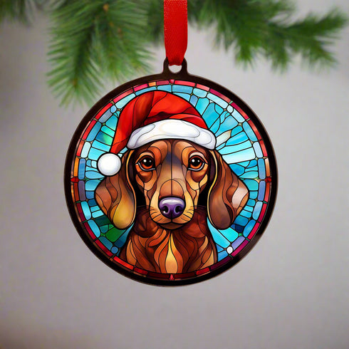 Dachshund Red in Santa Hat Suncatcher Decoration